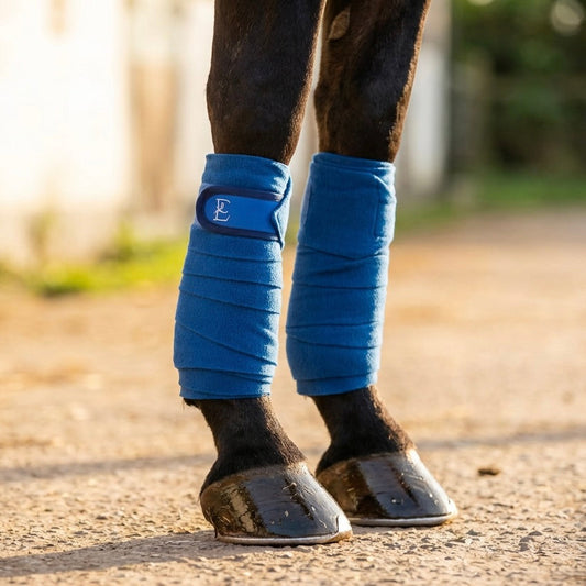 Horse legs wearing blue polo bandages on a dirt path with blurred background