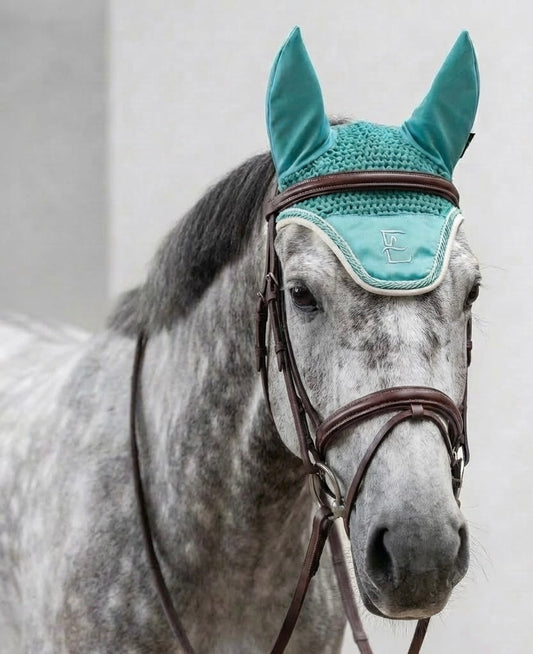 Horse wearing a teal fly veil with ears on a plain background