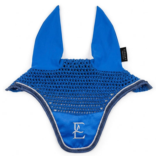 Blue ear bonnet with mesh design on a white background