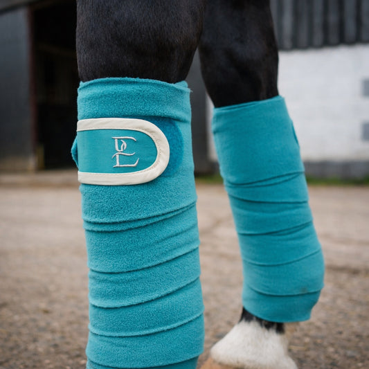 Teal protective Bandages on a horse's legs with a visible brand logo Elegant Equestrian