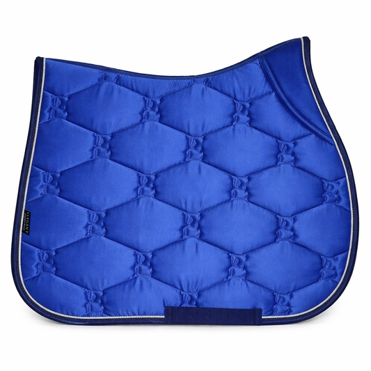 Blue quilted saddle pad on a white background