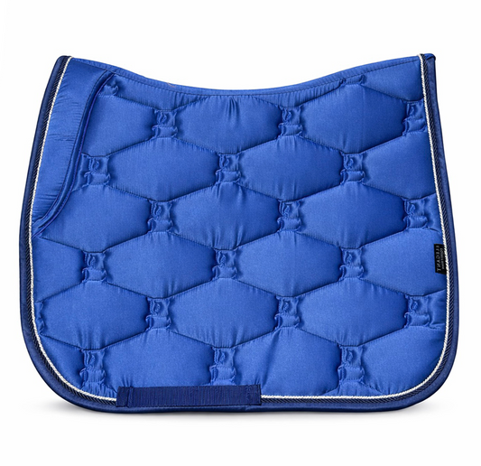 Blue quilted dressage saddle pad on a white background