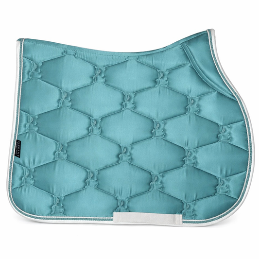 Teal quilted saddle pad with white border on a white background